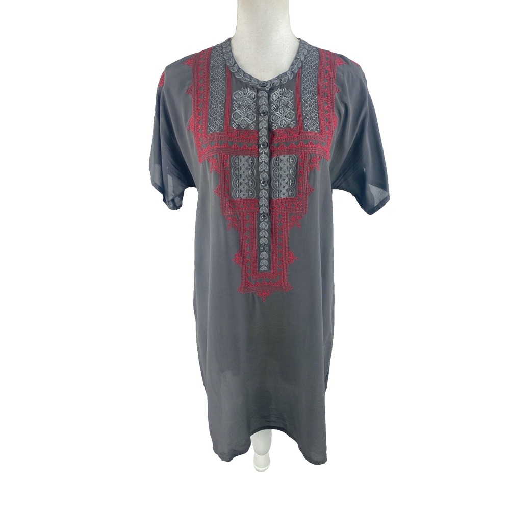 Biya Johnny Was Womens M Silk Embroidered Tunic Dress Gray Aztec Whimsigoth
